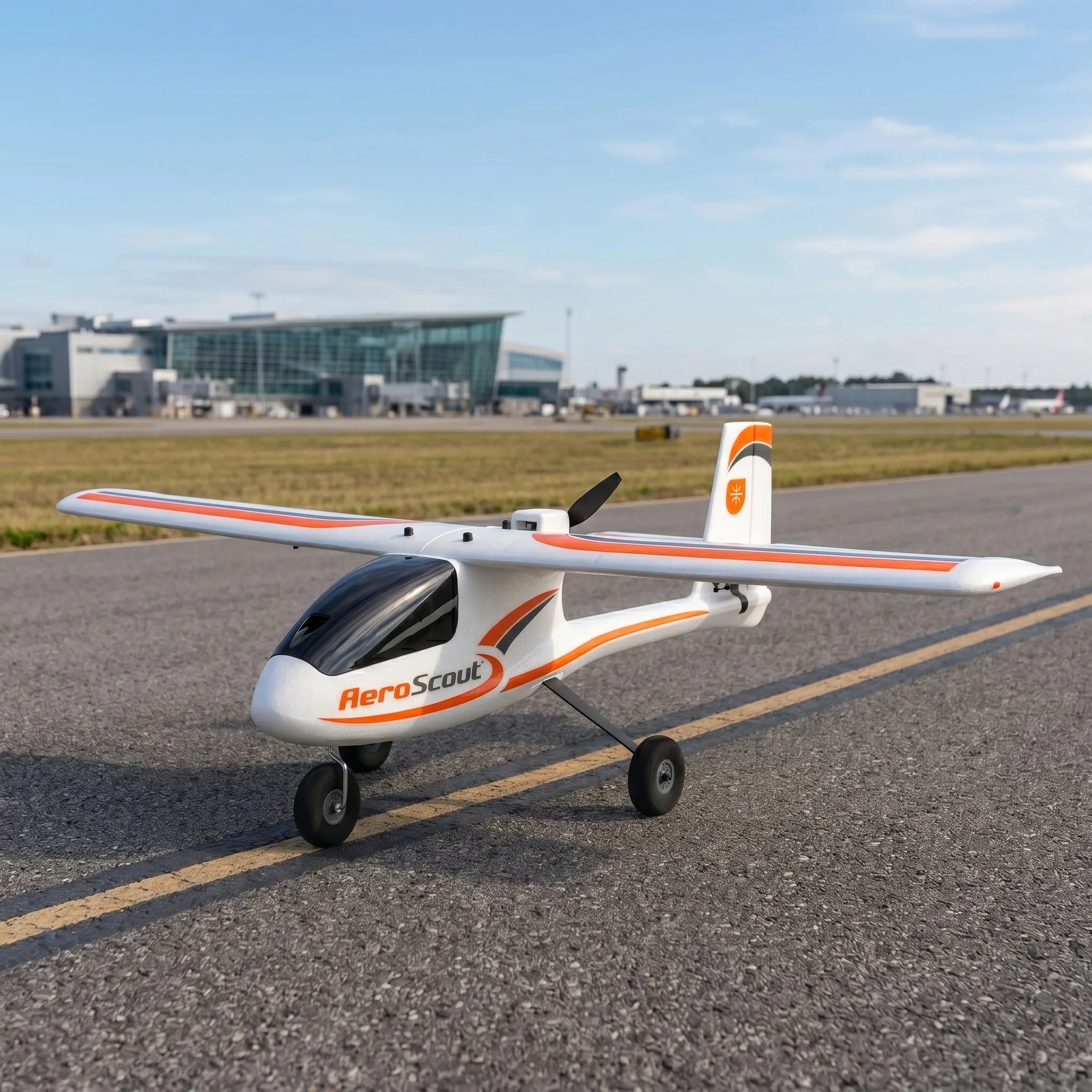 Small RC aircraft labeled 'AeroScout' on a runway with buildings in the background