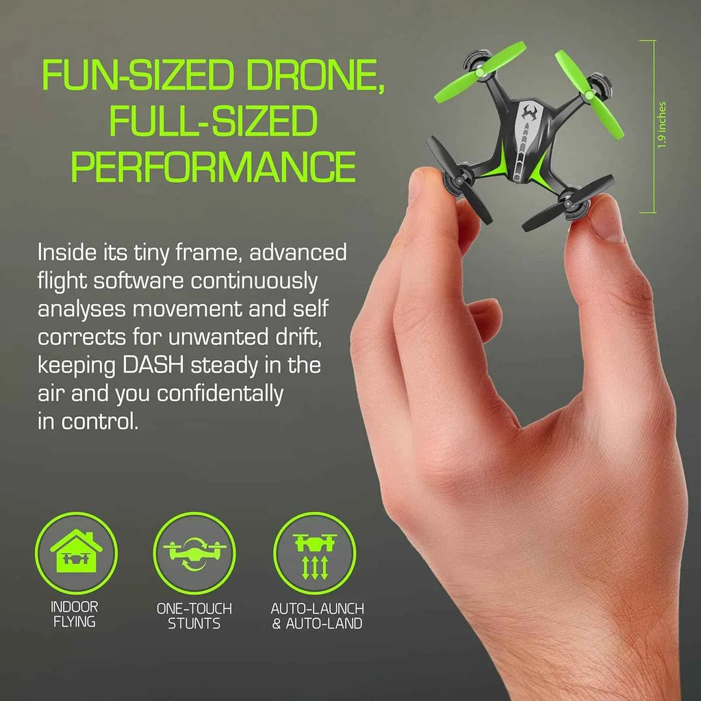 Small RC drone held in a hand with promotional text on a gray background