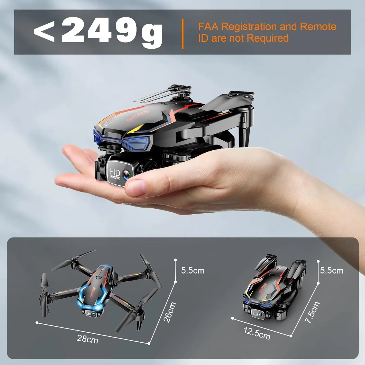 Small RC drone held in a hand with dimensions and FAA registration information displayed.