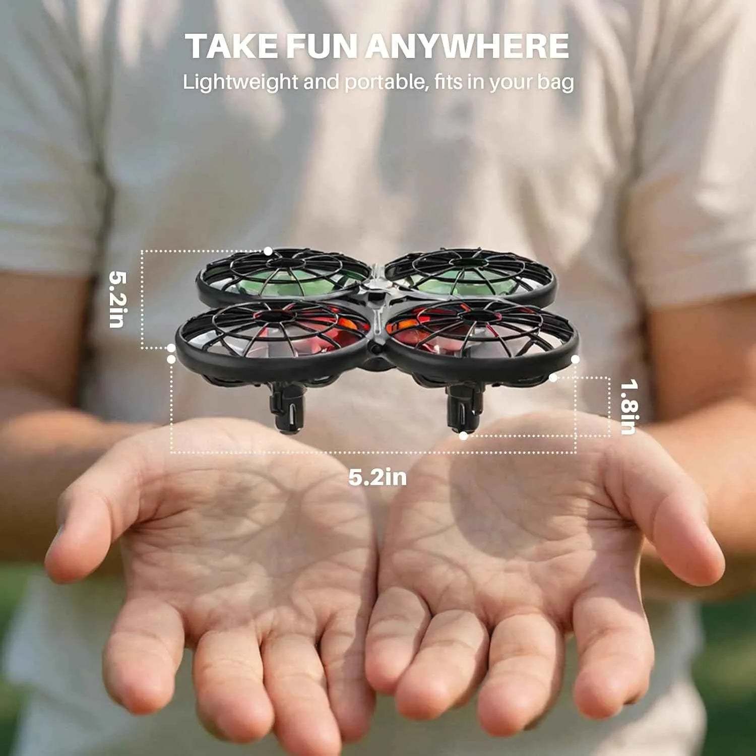 Small RC drone held in hands with measurement details and text about portability.