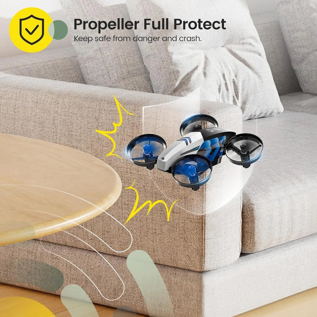 Small RC drone on a couch with safety feature text overlay