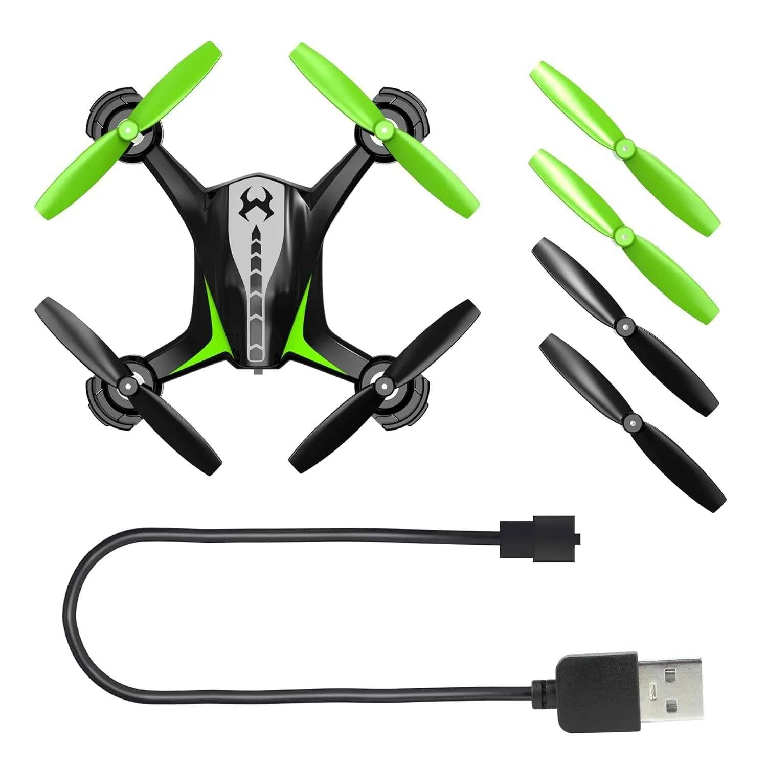 Small RC drone with green and black propellers, USB cable on a white background