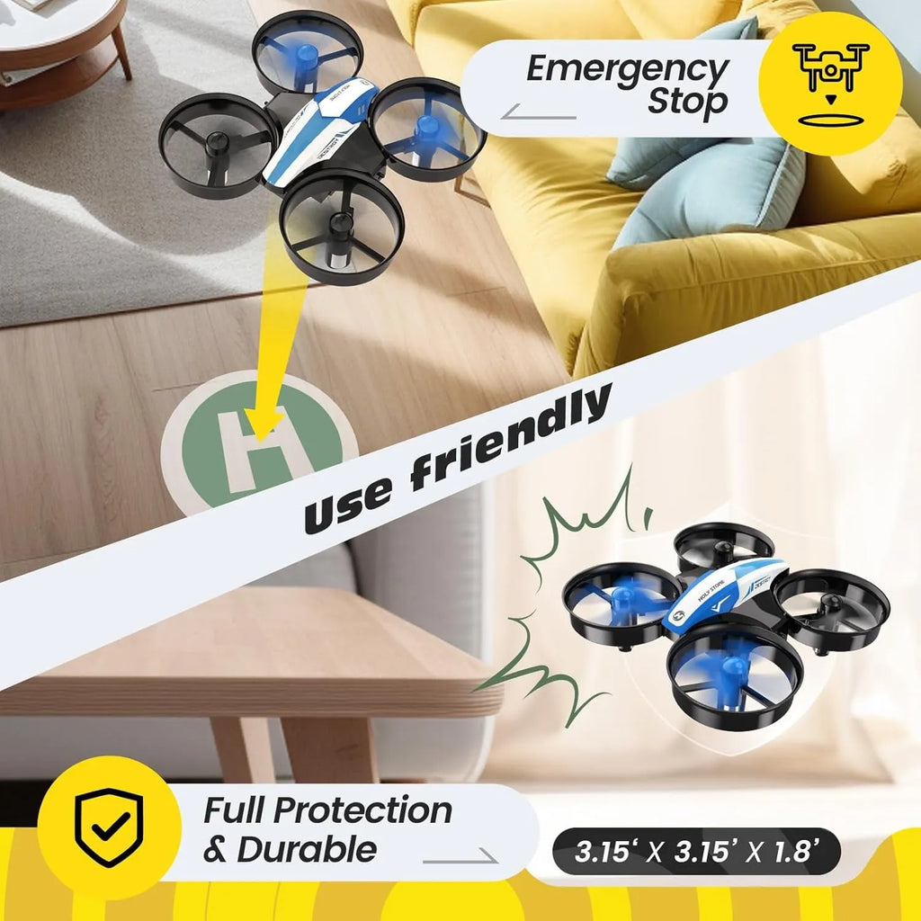 Small RC drone with safety features labeled on a split background