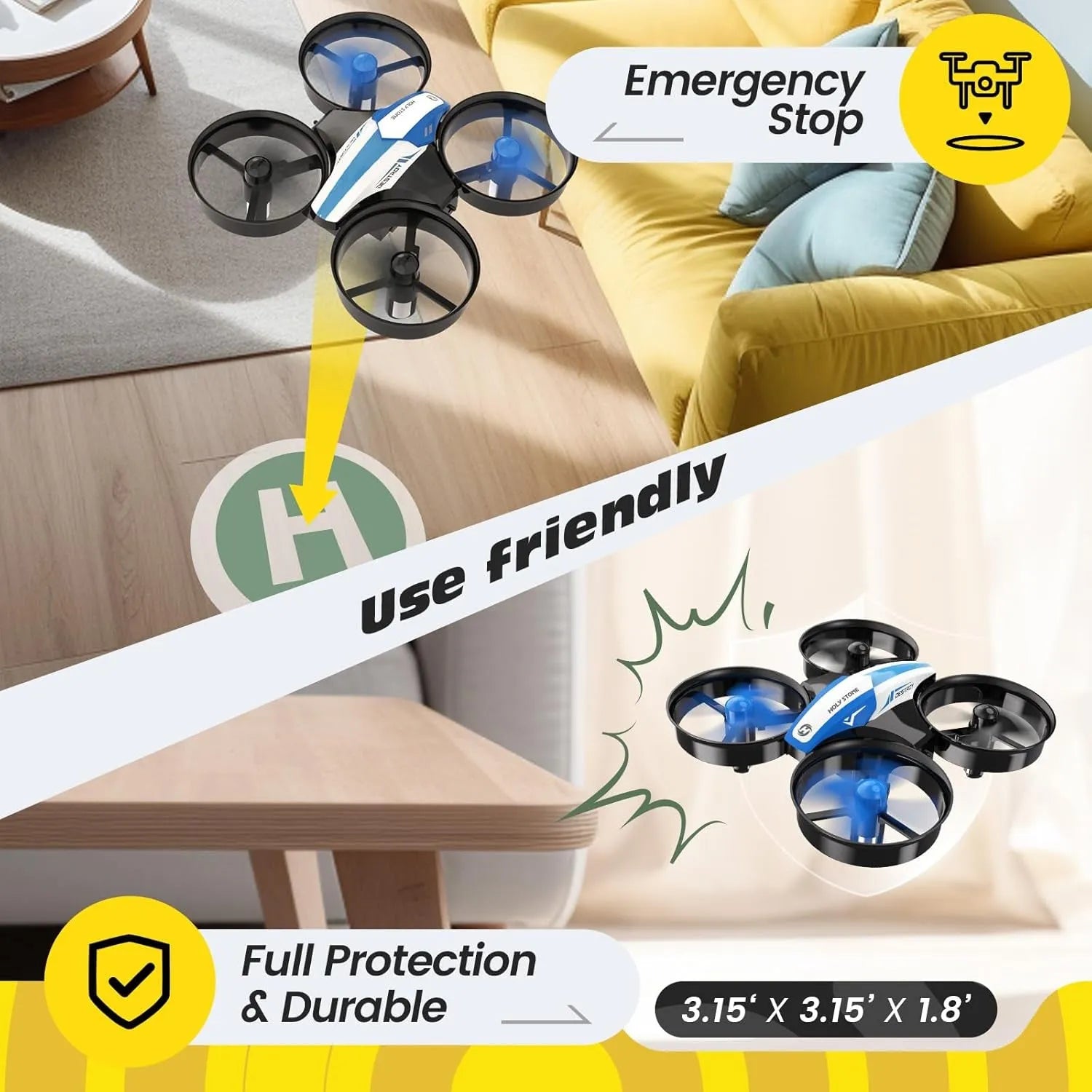 Small RC drone with safety features labeled on a split background