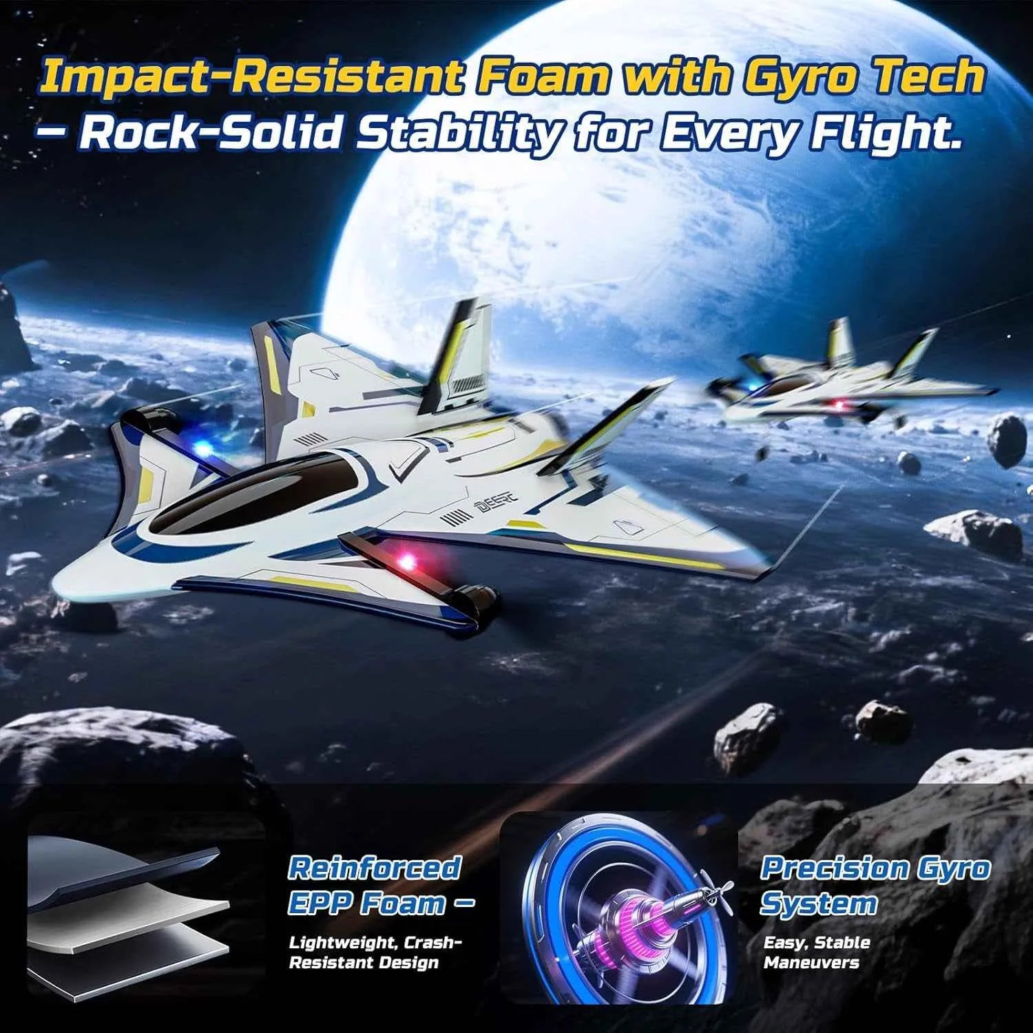 Space-themed RC plane advertisement with spacecrafts and celestial background