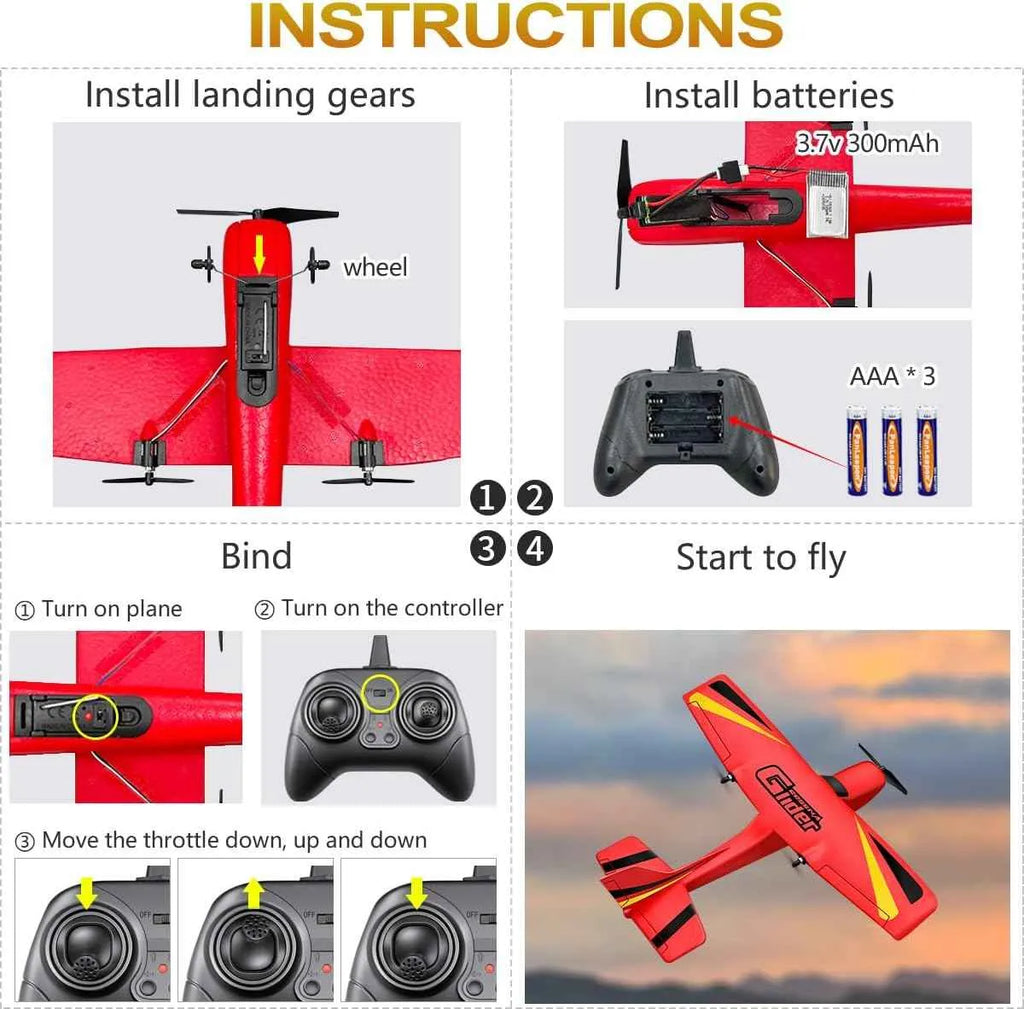 Step-by-step instructions for assembling and flying a red remote-controlled airplane.