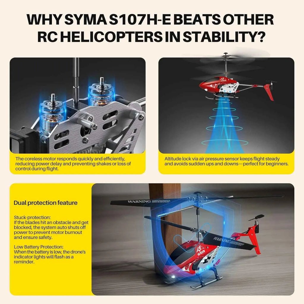 Advertisement for Syma S107H-E RC helicopter highlighting stability features with text and images.