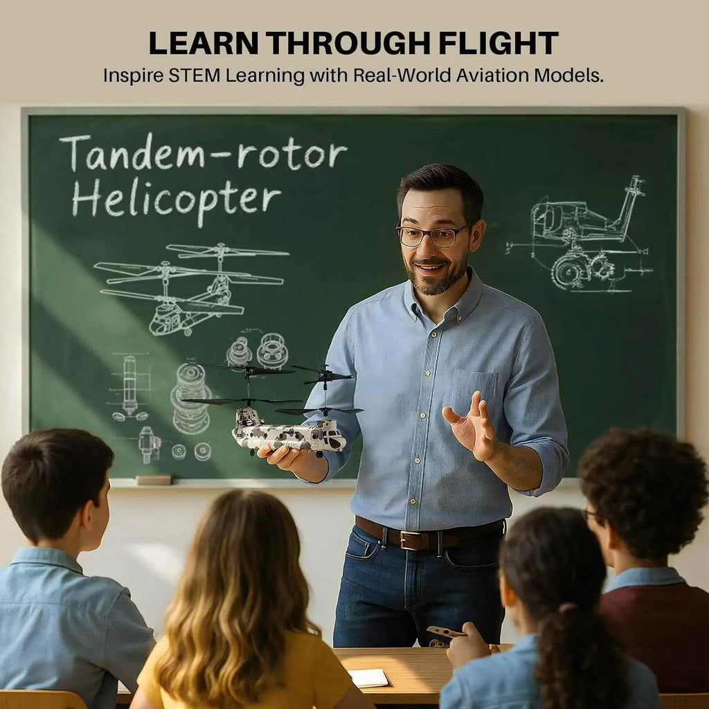 Teacher holding a tandem-rotor RC helicopter model in front of a classroom with students and a blackboard displaying aviation diagrams.