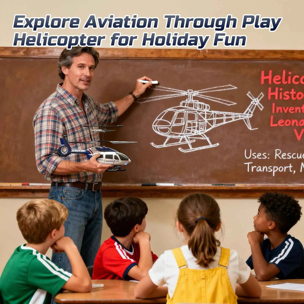 Teacher with students in a classroom, discussing helicopters on a blackboard.