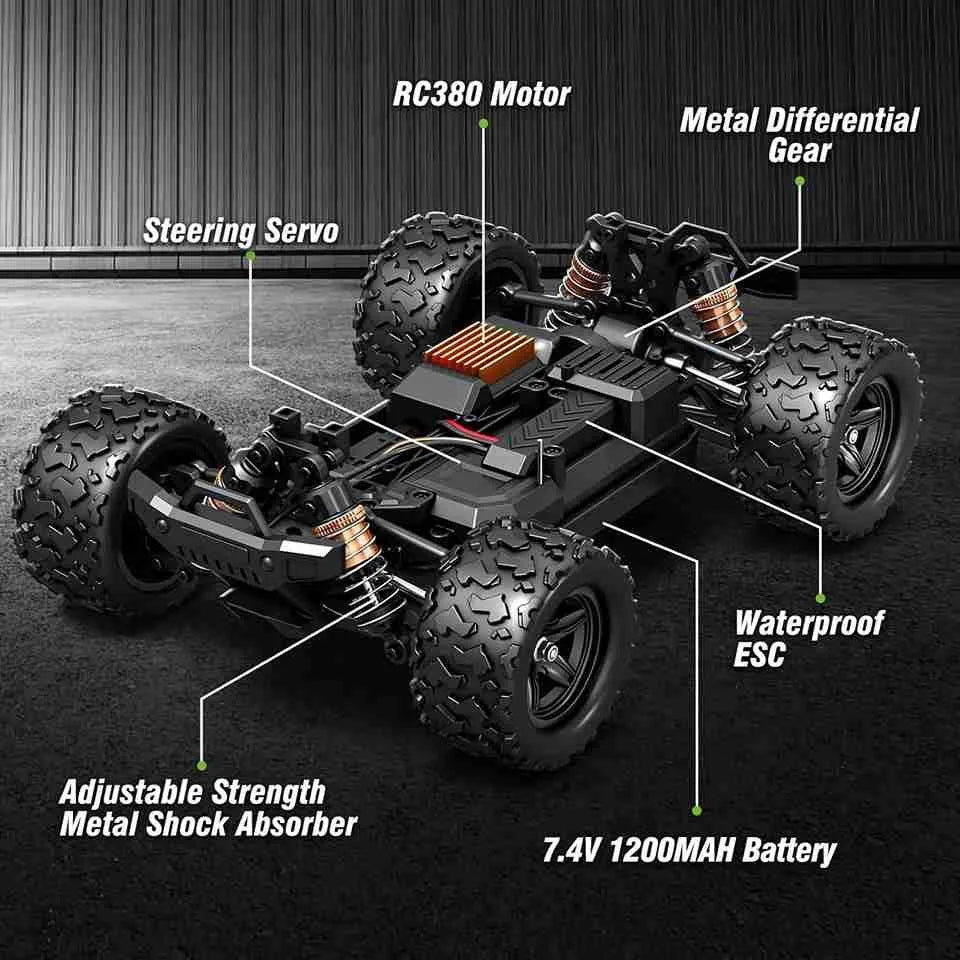 Technical diagram of a remote control monster truck with labeled components on a dark background
