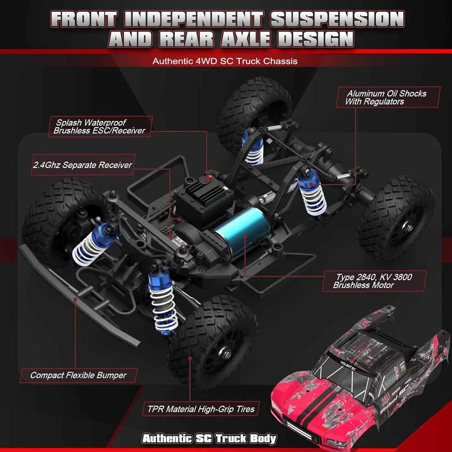 Technical diagram of a short course truck chassis with labeled components on a dark background.