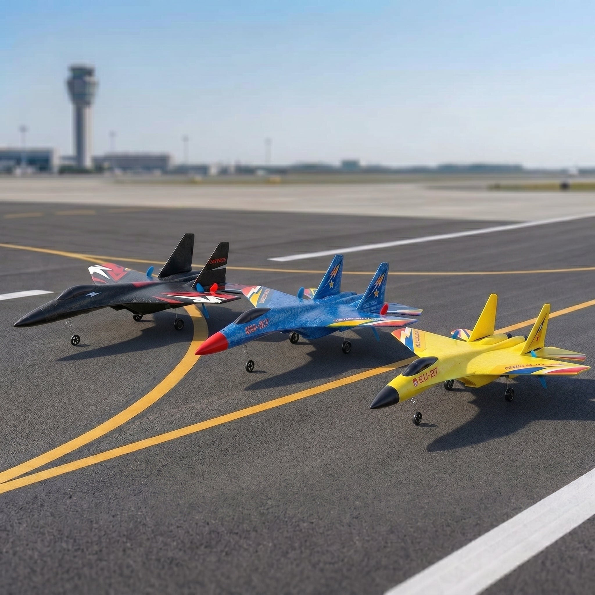 Three model RC airplanes on an airport runway with a control tower in the background.