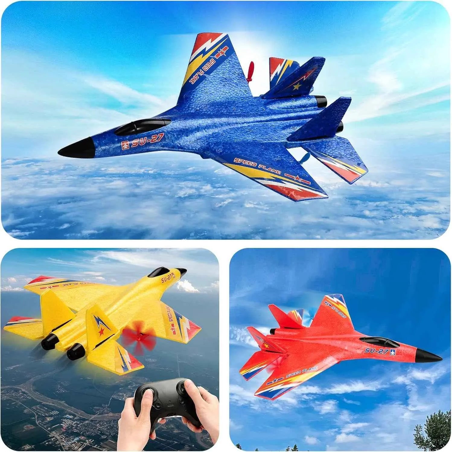 Three RC airplanes in blue, yellow, and red against a clear sky.