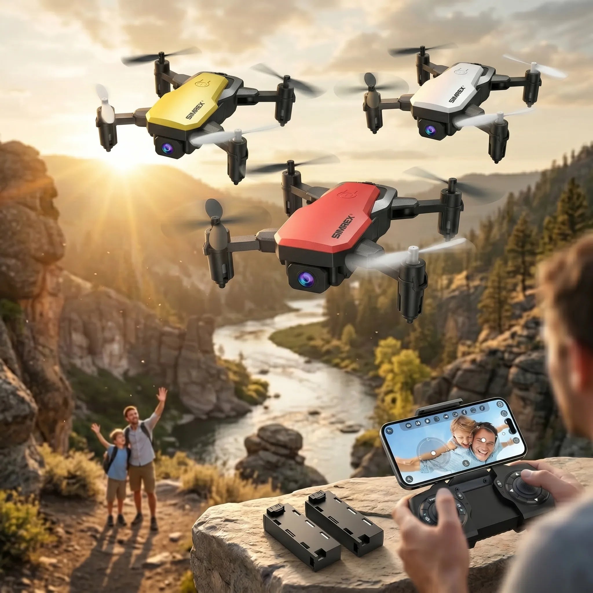 Three RC drones flying over a scenic landscape with a person using a remote control and smartphone.