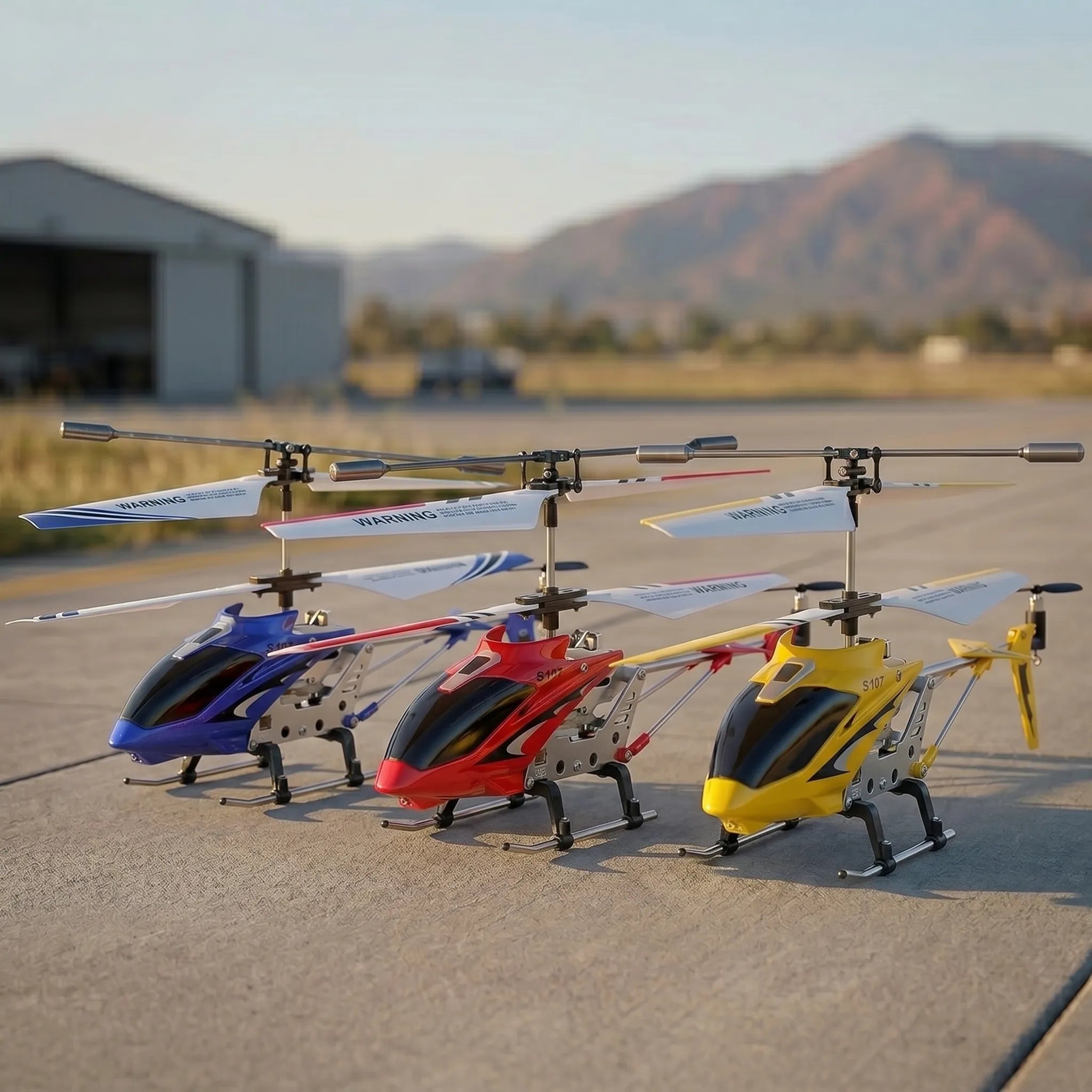 Three RC toy helicopters in red, blue, and yellow on a tarmac with mountains in the background.