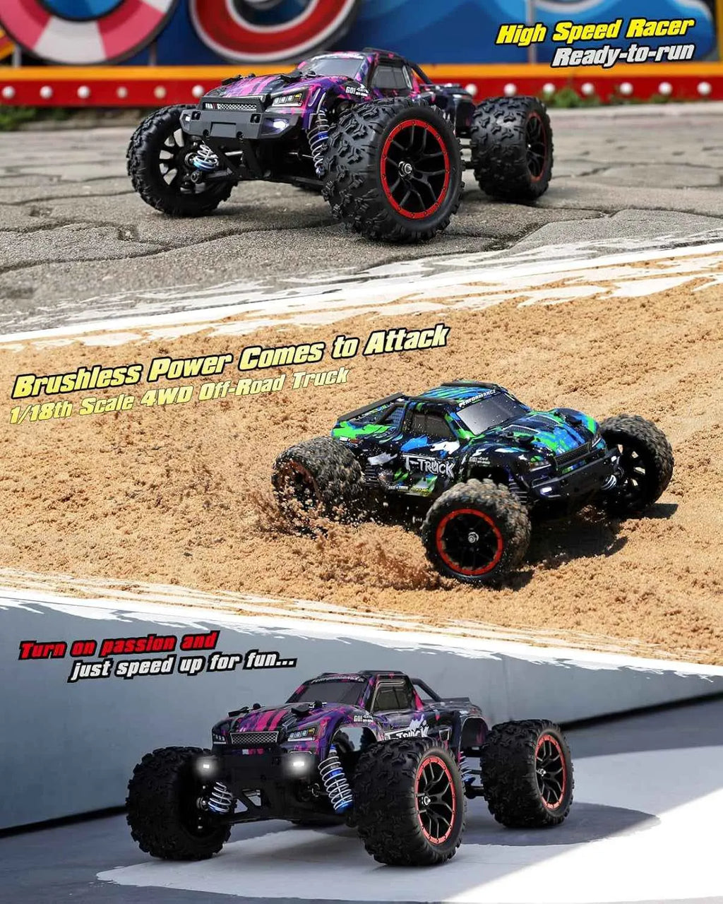 Three remote control off-road trucks on a track with promotional text.