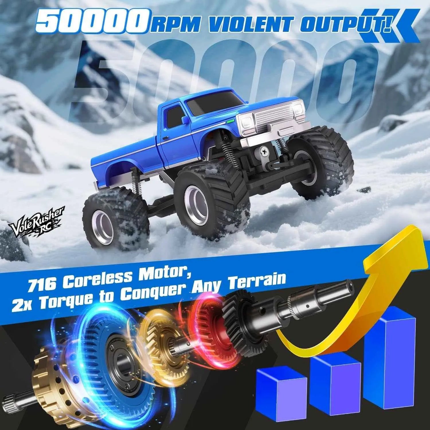 Toy crawler in snowy landscape with technical details and branding