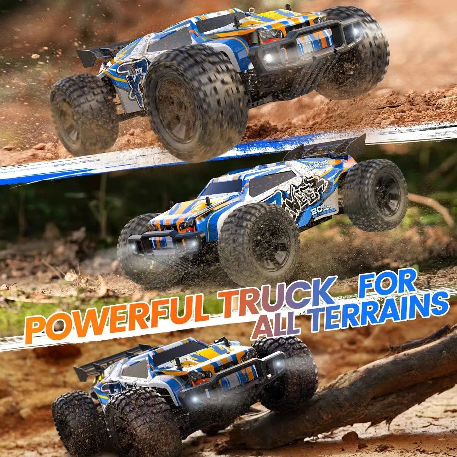 Toy monster truck performing stunts on a ramp with text 'Powerful Truck for All Terrains' displayed.