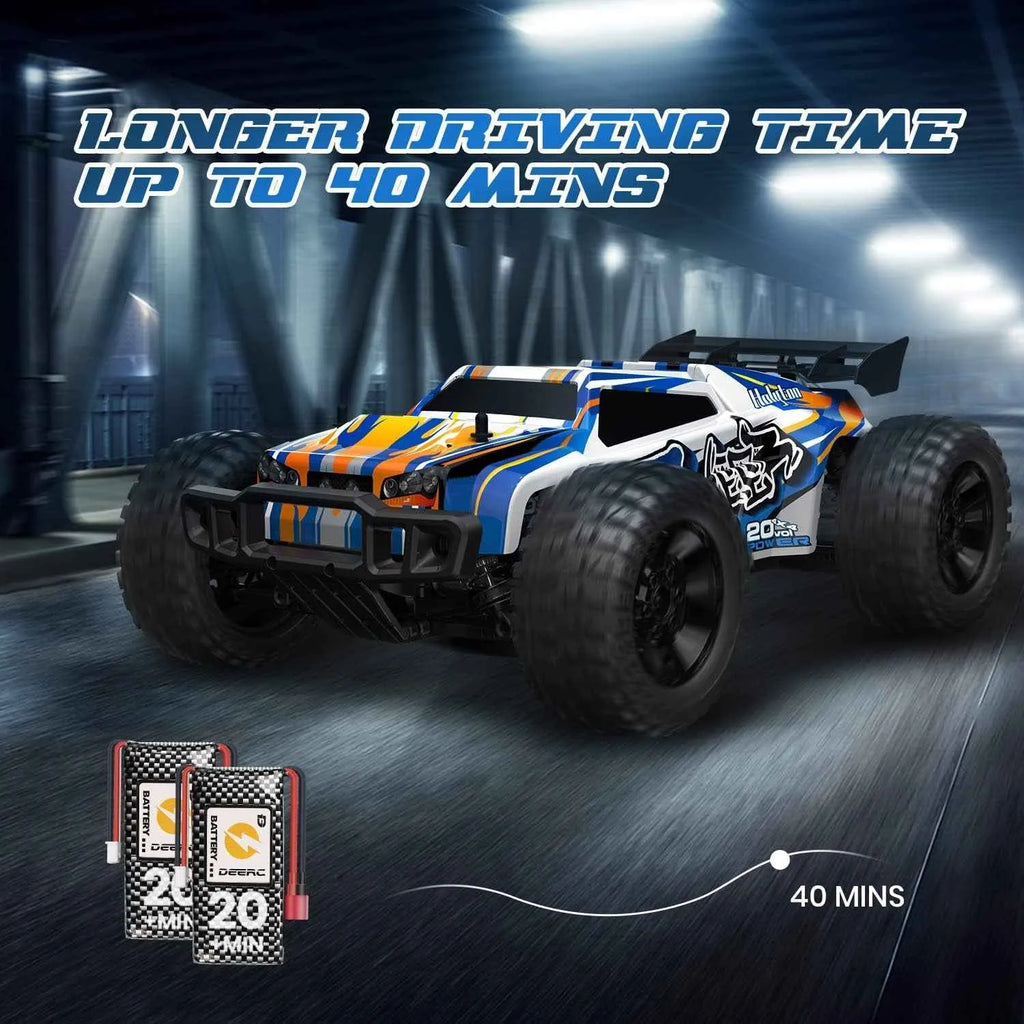 Toy monster truck with battery pack on a dark background, highlighting longer driving time feature.