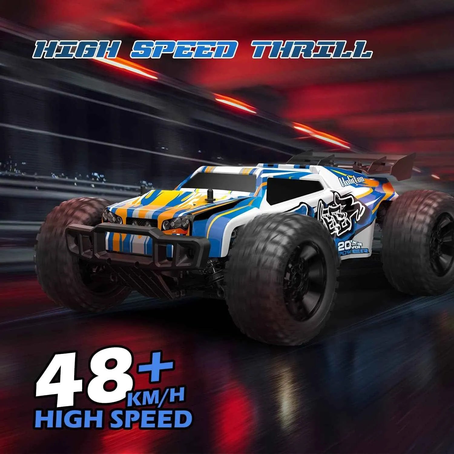 Toy monster truck with racing theme and speed text on a dark background