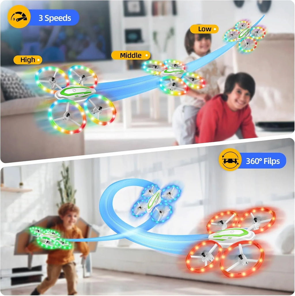 Toy RC drone with LED lights and three speed settings shown in a living room setting.