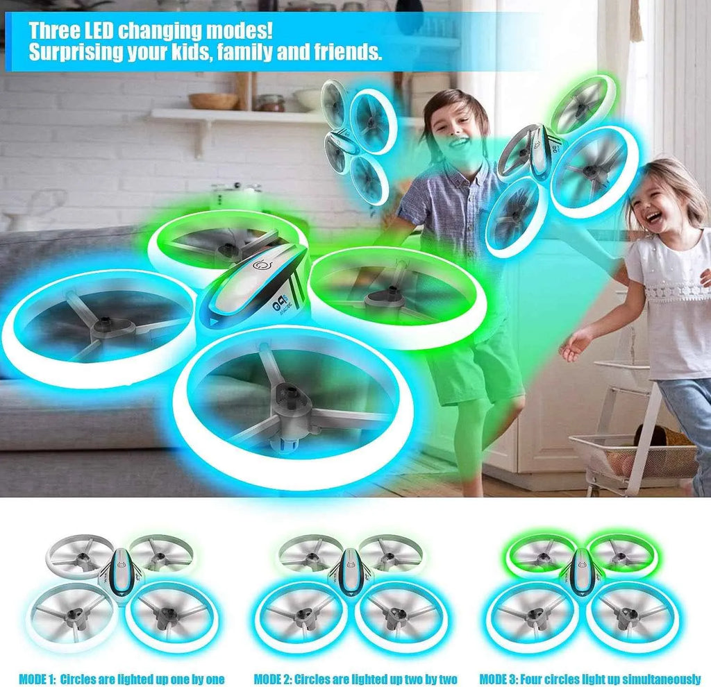 Toy RC drone with LED lights being played with by children in a living room.