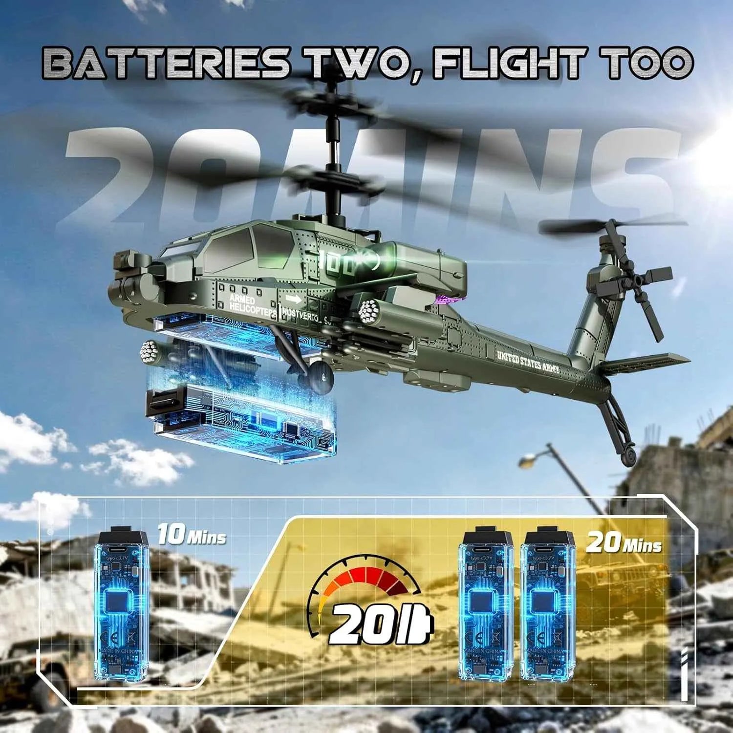 Toy RC helicopter with battery pack display against a cityscape background