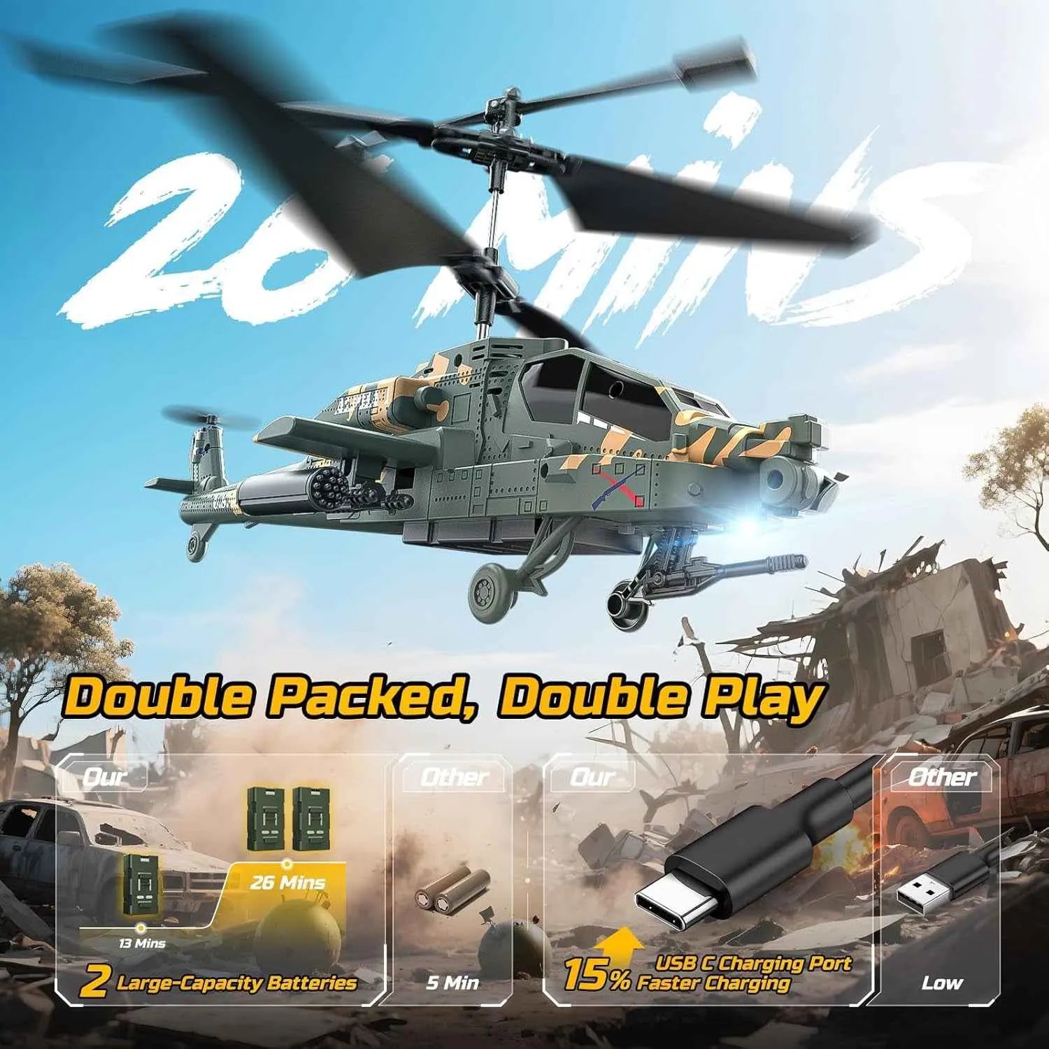 Toy RC helicopter with detailed features and text on a background with buildings and trees.