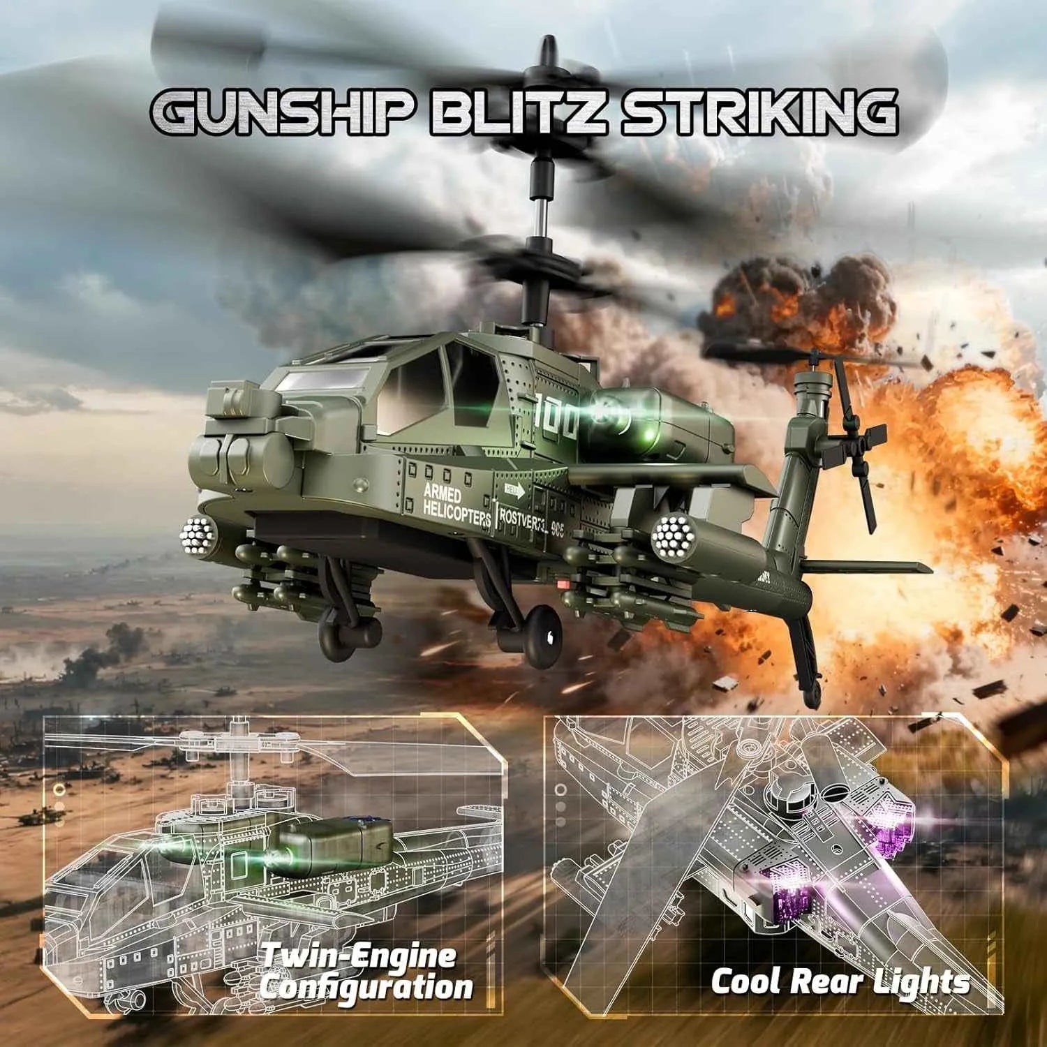 Toy RC helicopter with explosions and text 'Gunship Blitz Striking' in the background