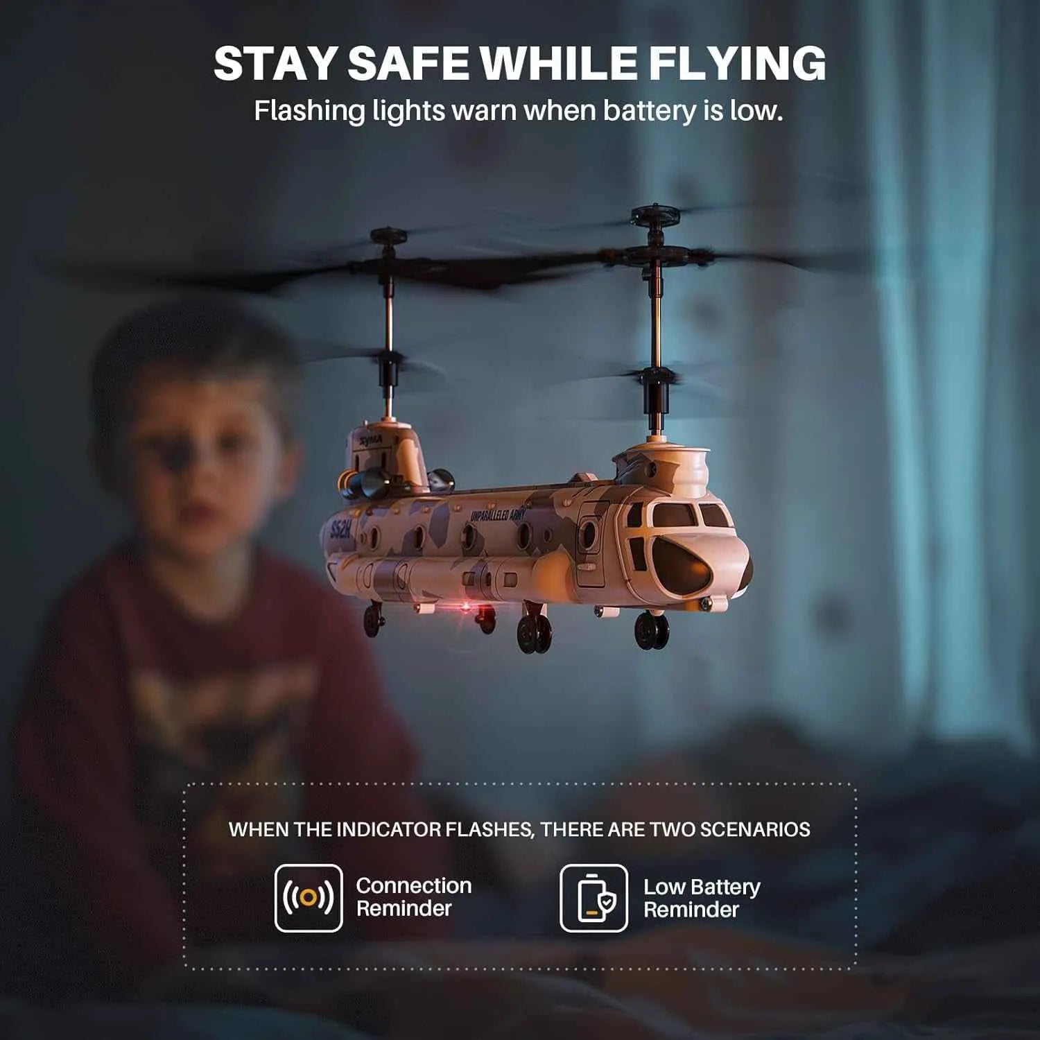 Toy RC helicopter with flashing lights warning about battery level, child in the background