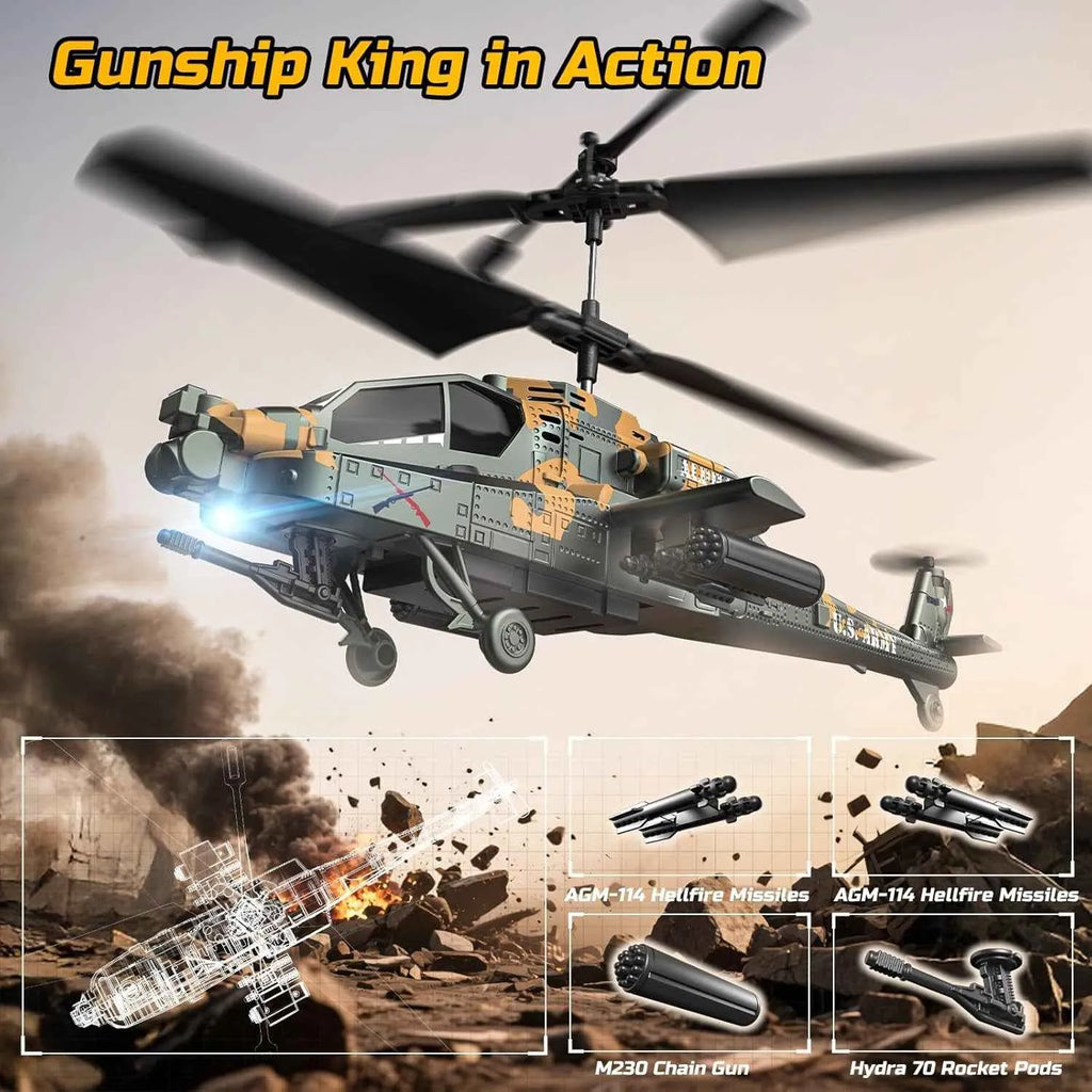 Toy RC helicopter with gunship design and accessories on a desert background