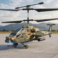 Toy RC helicopter with military design on a runway