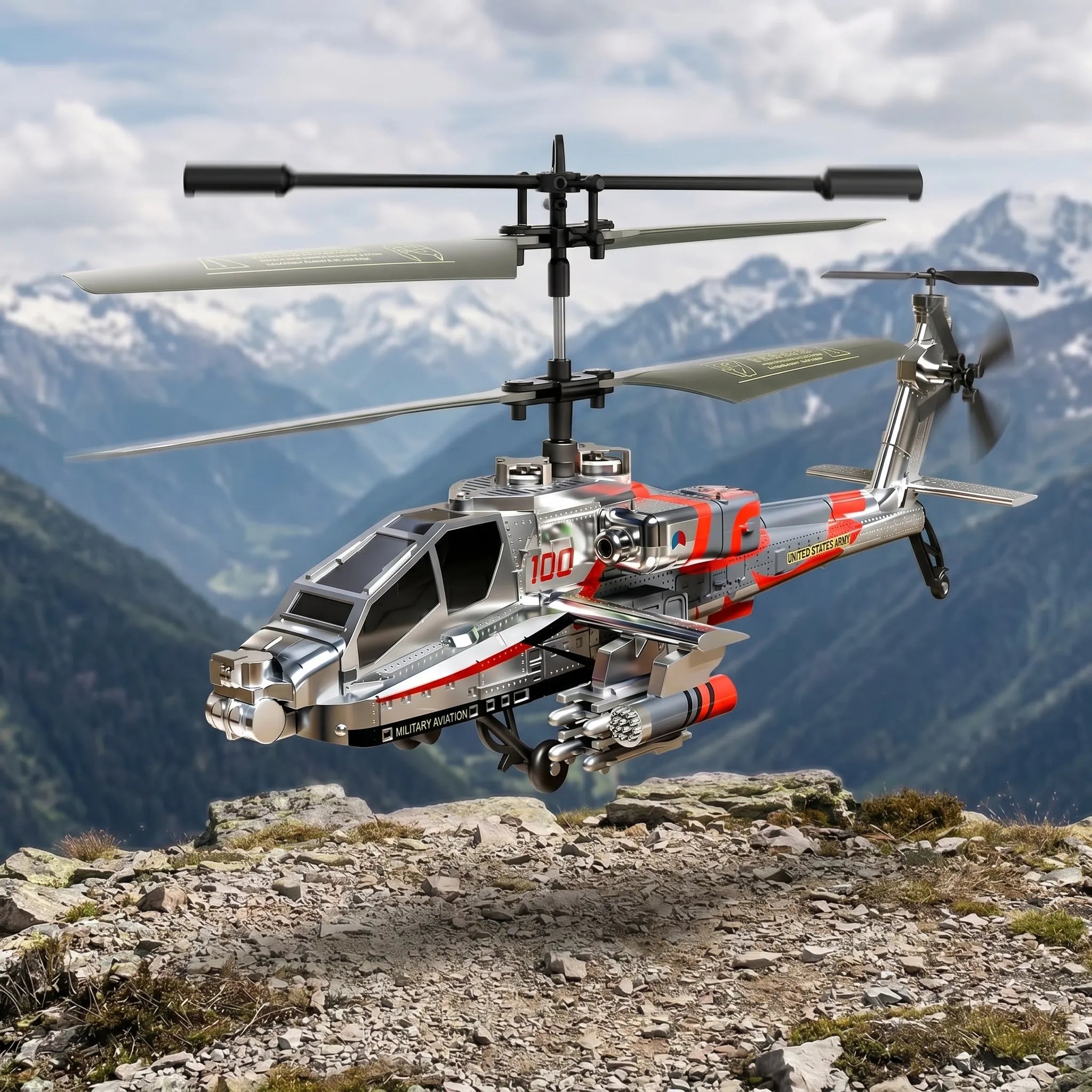 Toy RC helicopter with red and gray design flying over a mountainous landscape