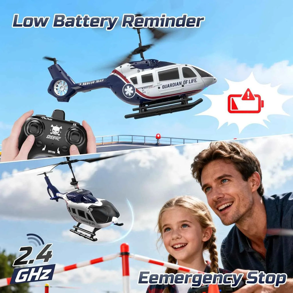 Toy RC helicopter with remote control, low battery reminder, and family enjoying the toy.