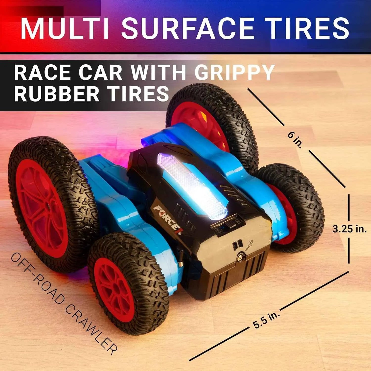 Toy RC stunt car with grippy rubber tires on a wooden surface, labeled 'Multi Surface Tires' and 'Race Car with Grippy Rubber Tires'.