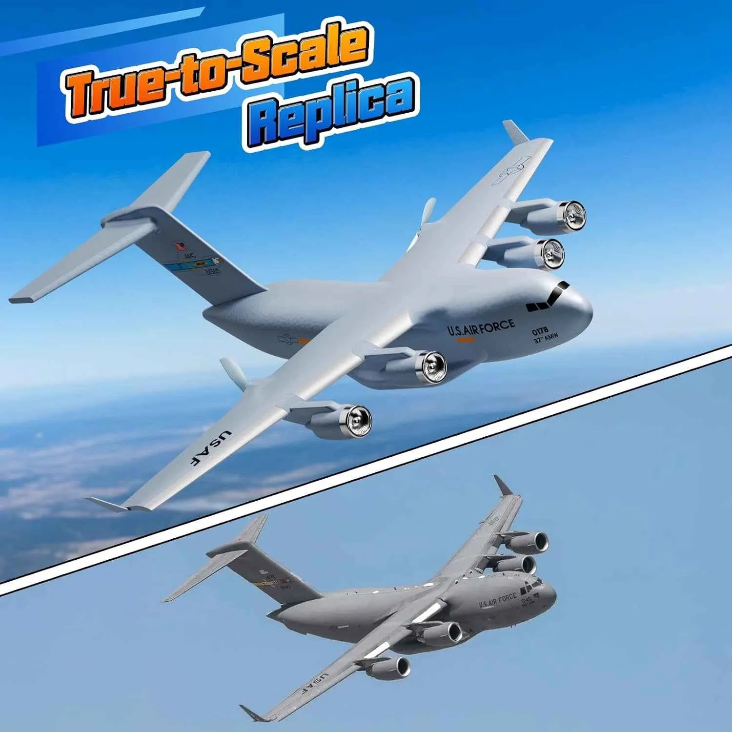 True-to-scale replica of an RC airplane with a clear blue sky background