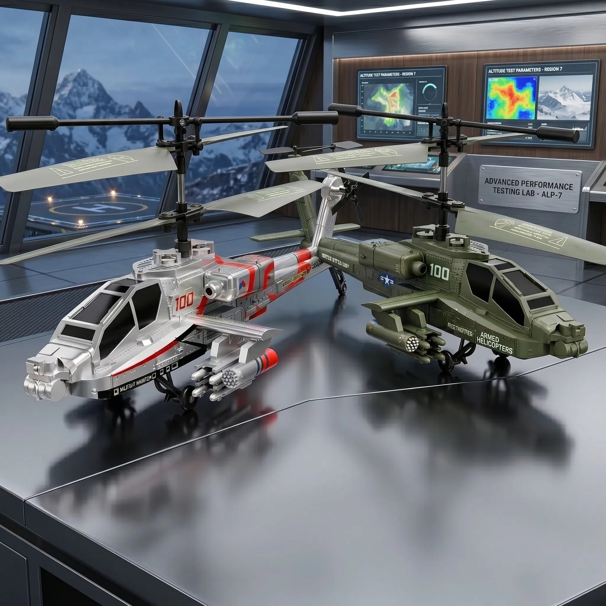 Two army RC helicopter in one frame on a table
