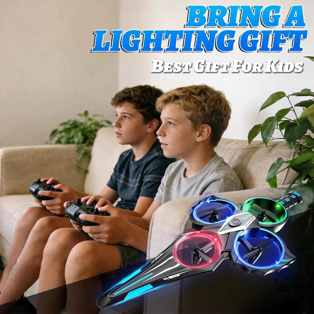 Two children playing video games with a colorful RC drone on a couch, text 'Bring a Lighting Gift Best Gift for Kids' above.