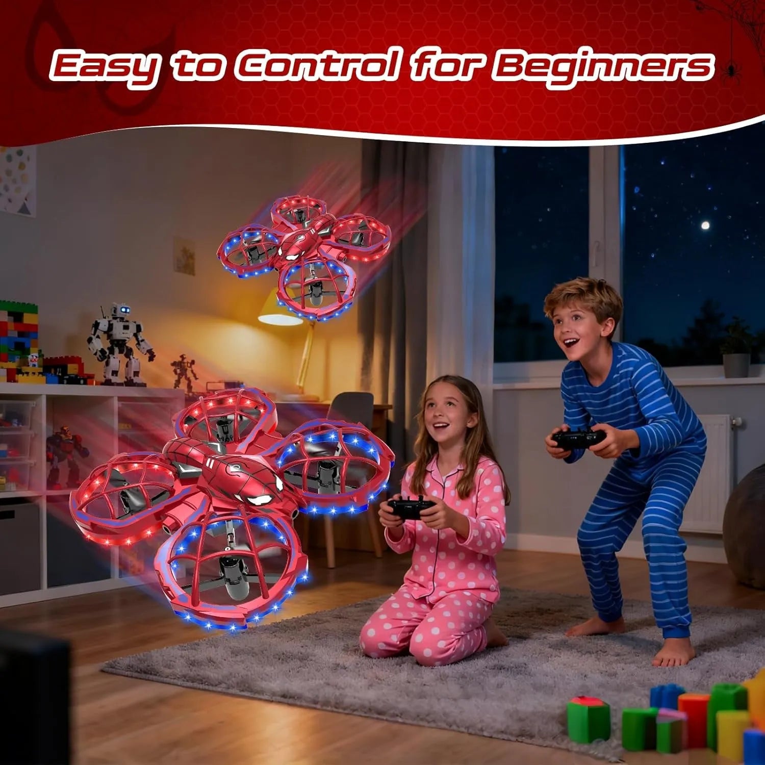 Two children playing with an RC drone in a room with toys and a window showing a night sky.