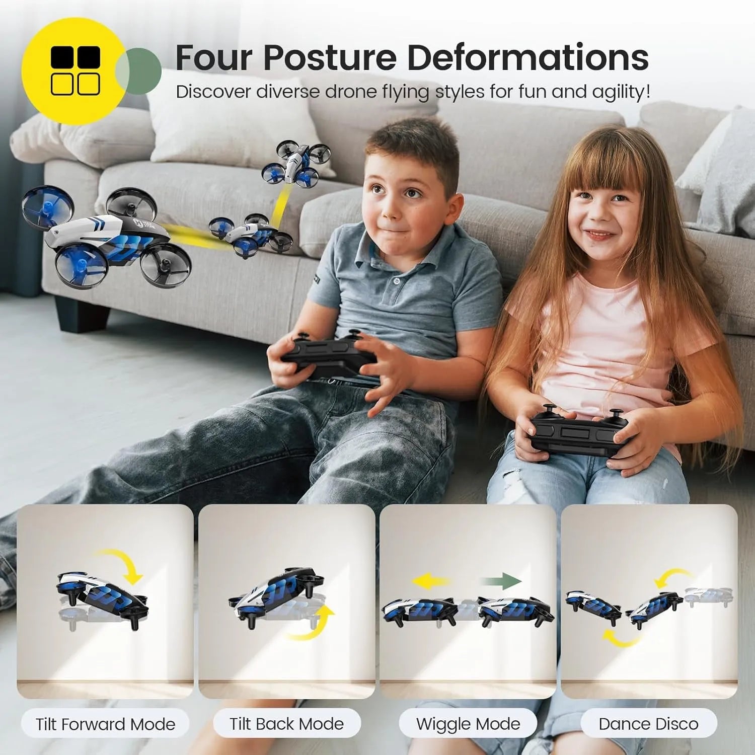 Two children playing with RC drone controllers on a couch, with illustrations of drone postures below.