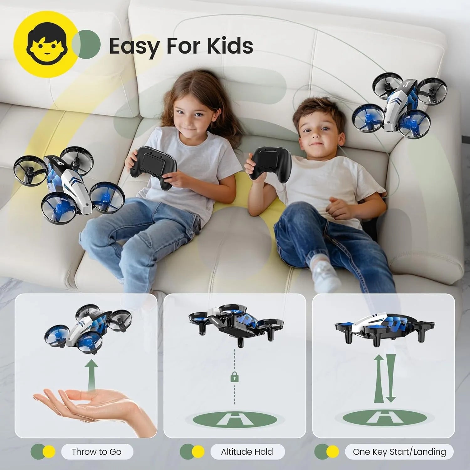 Two children playing with RC drones on a couch, with product images and controls displayed below.