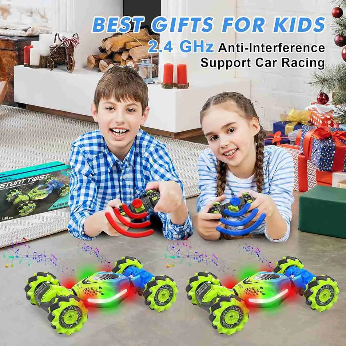 Two children playing with RC stunt cars in a living room setting, surrounded by Christmas decorations.