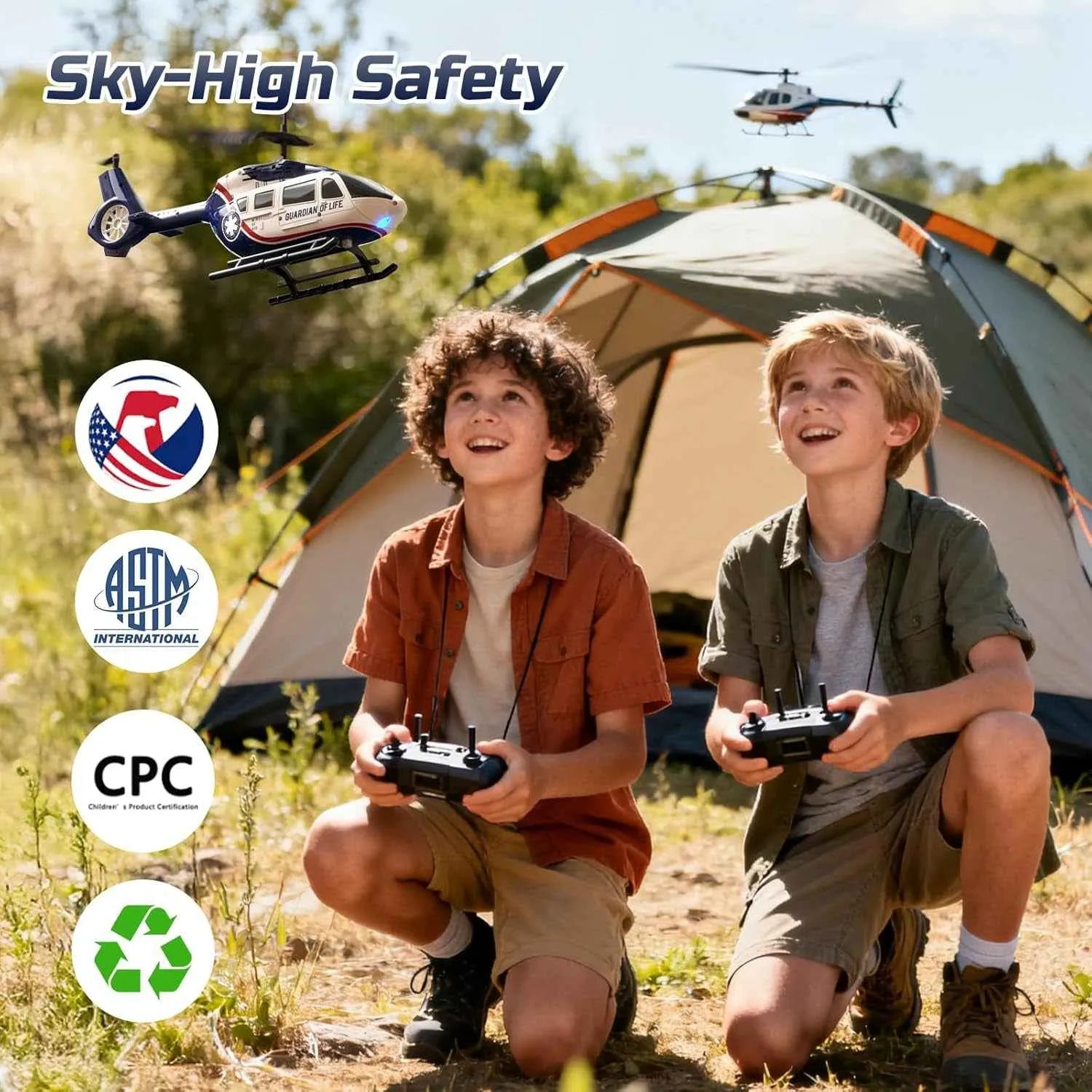 Two children playing with remote control helicopters in front of a tent, with 'Sky-High Safety' branding and certification logos.