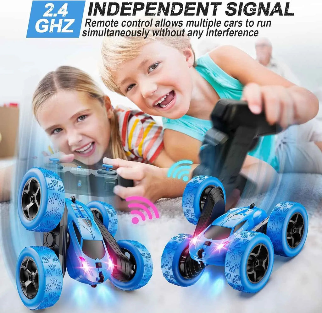 Two children playing with remote control stunt cars, emphasizing independent signal technology.