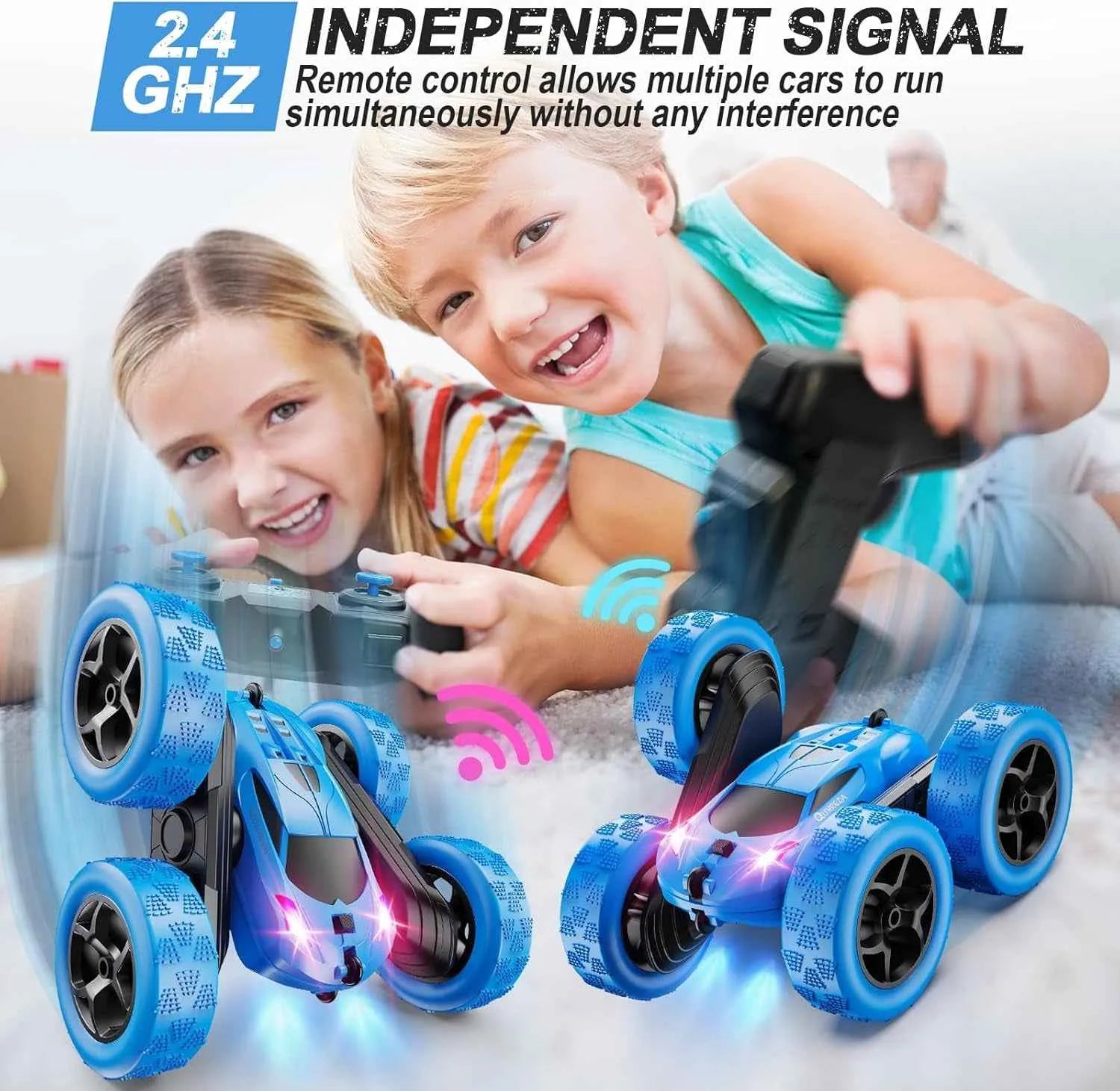 Two children playing with remote control stunt cars, emphasizing independent signal technology.