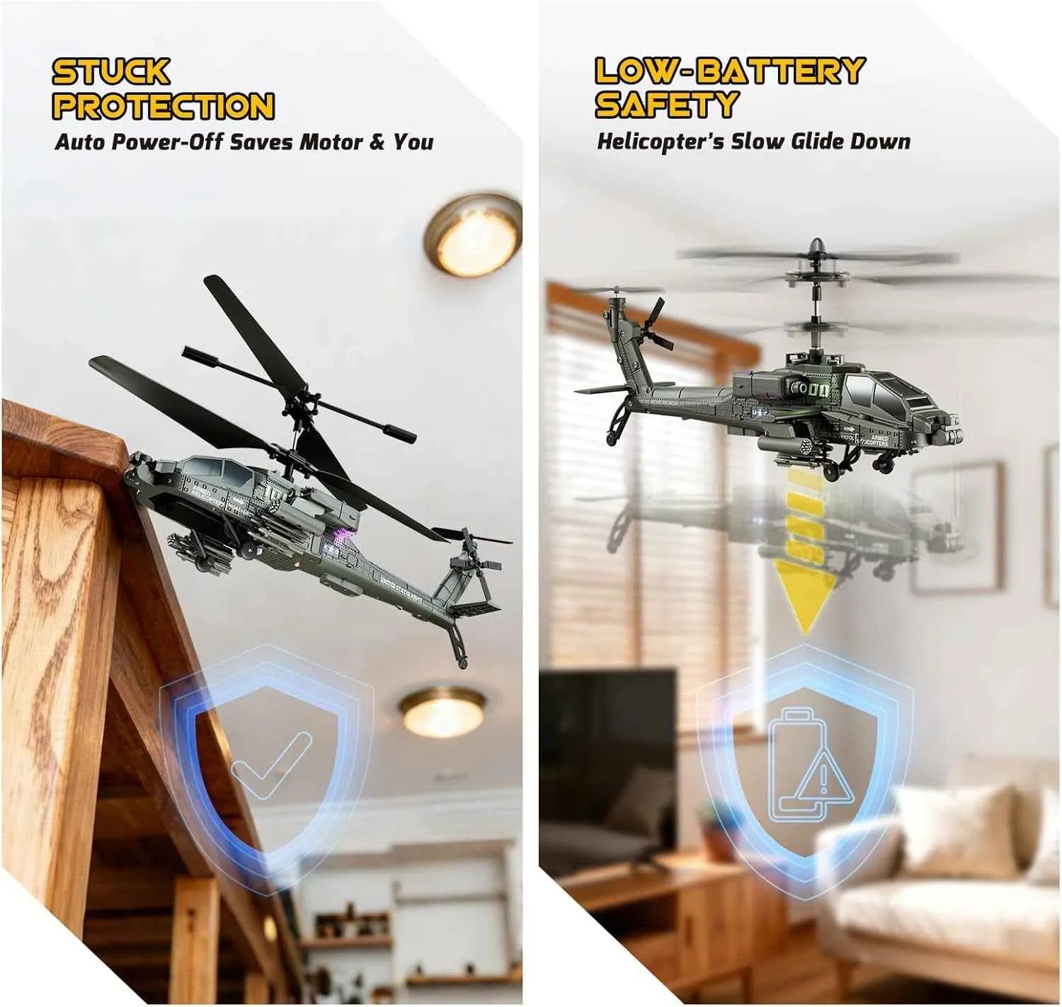 Two images of a RC helicopter with safety features labeled 'Stuck Protection' and 'Low Battery Safety' in a home setting.