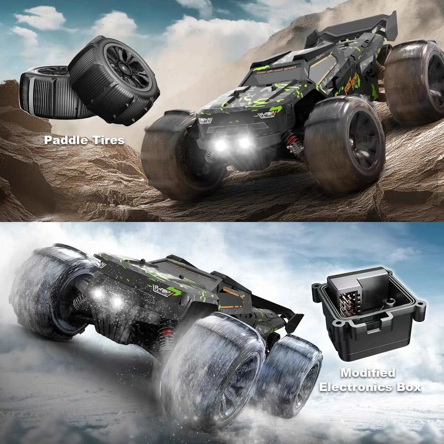 Two images of a remote-controlled truggy with paddle tires and modified electronics box on a mountainous and snowy background.