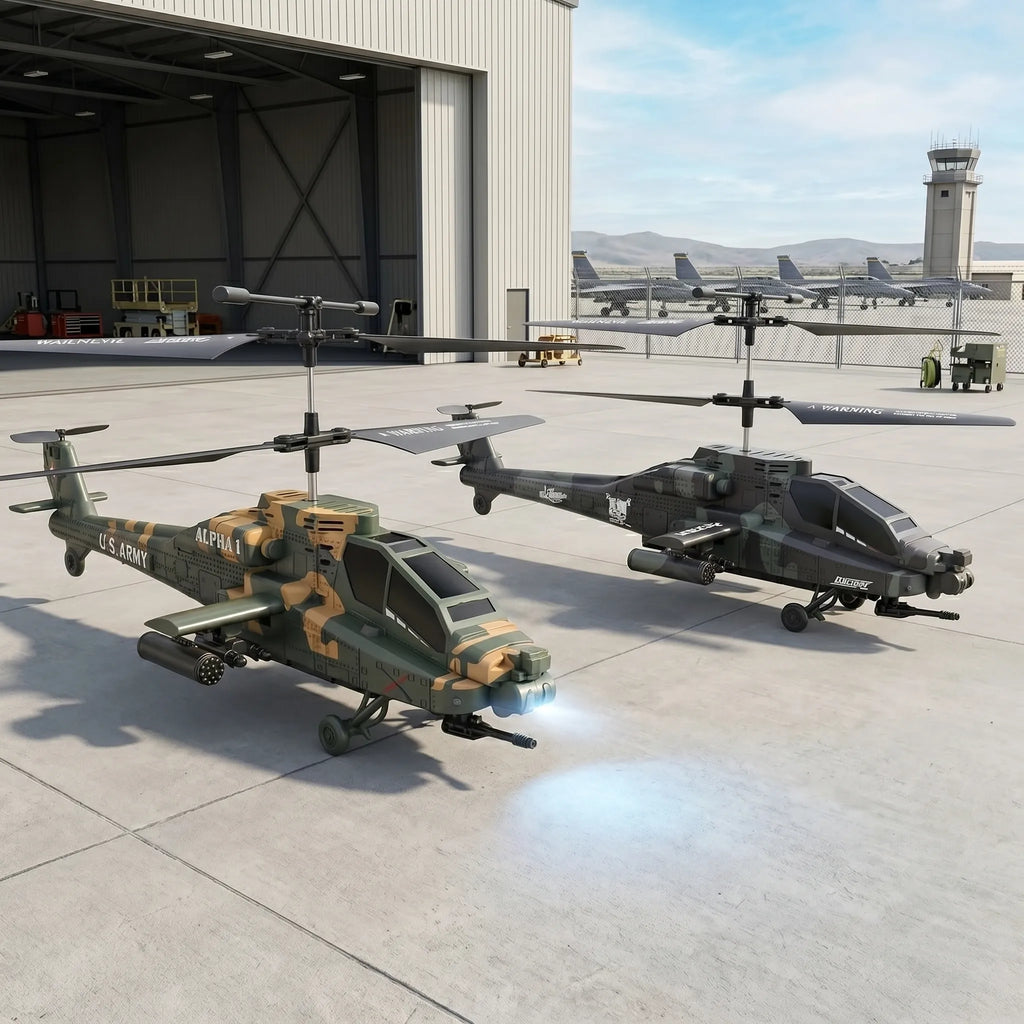 Two military RC helicopters on a tarmac with a hangar and control tower in the background.