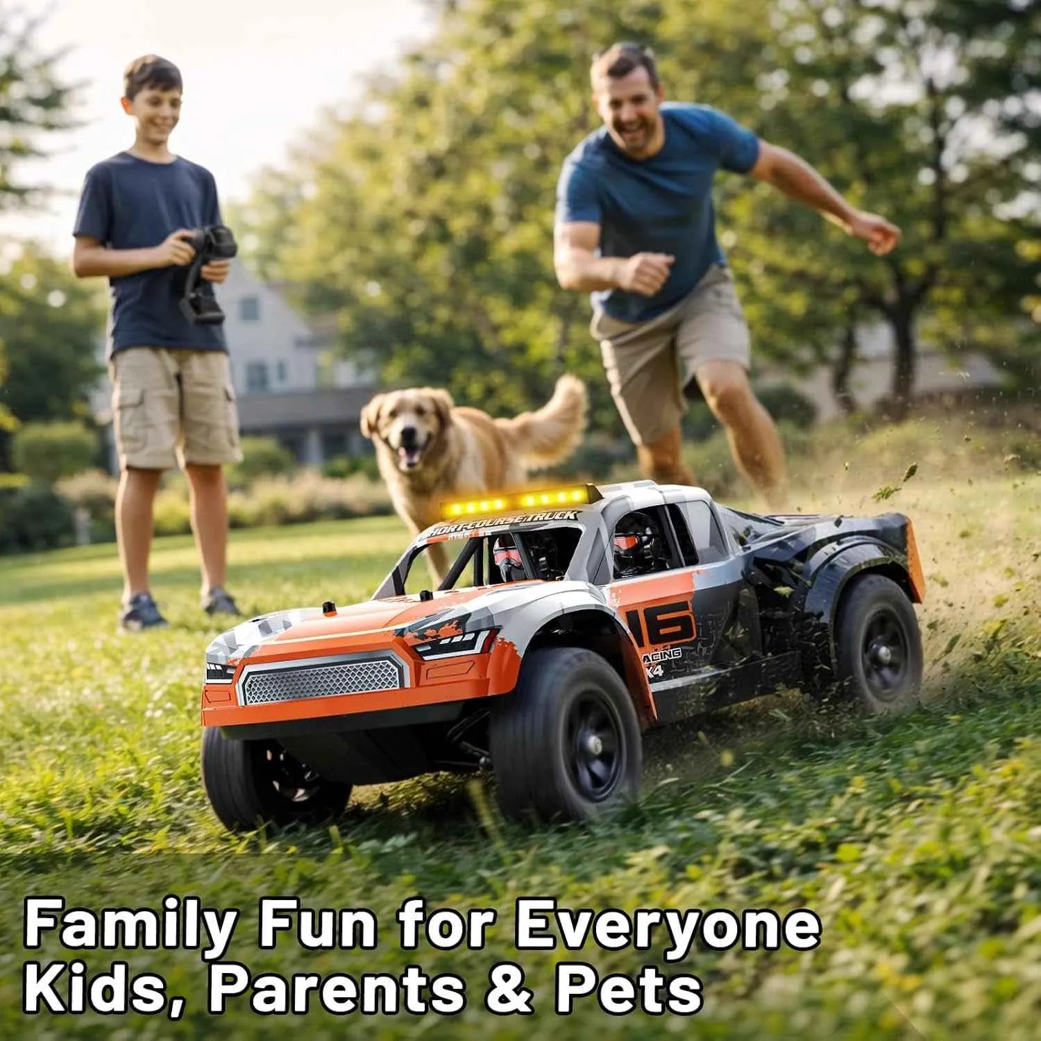 Two people and a dog playing with a remote-controlled car in a grassy area.