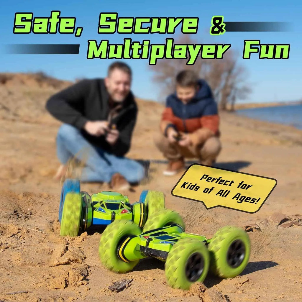 Two children playing with a remote-controlled stunt car on a sandy beach, with text highlighting safety and fun.